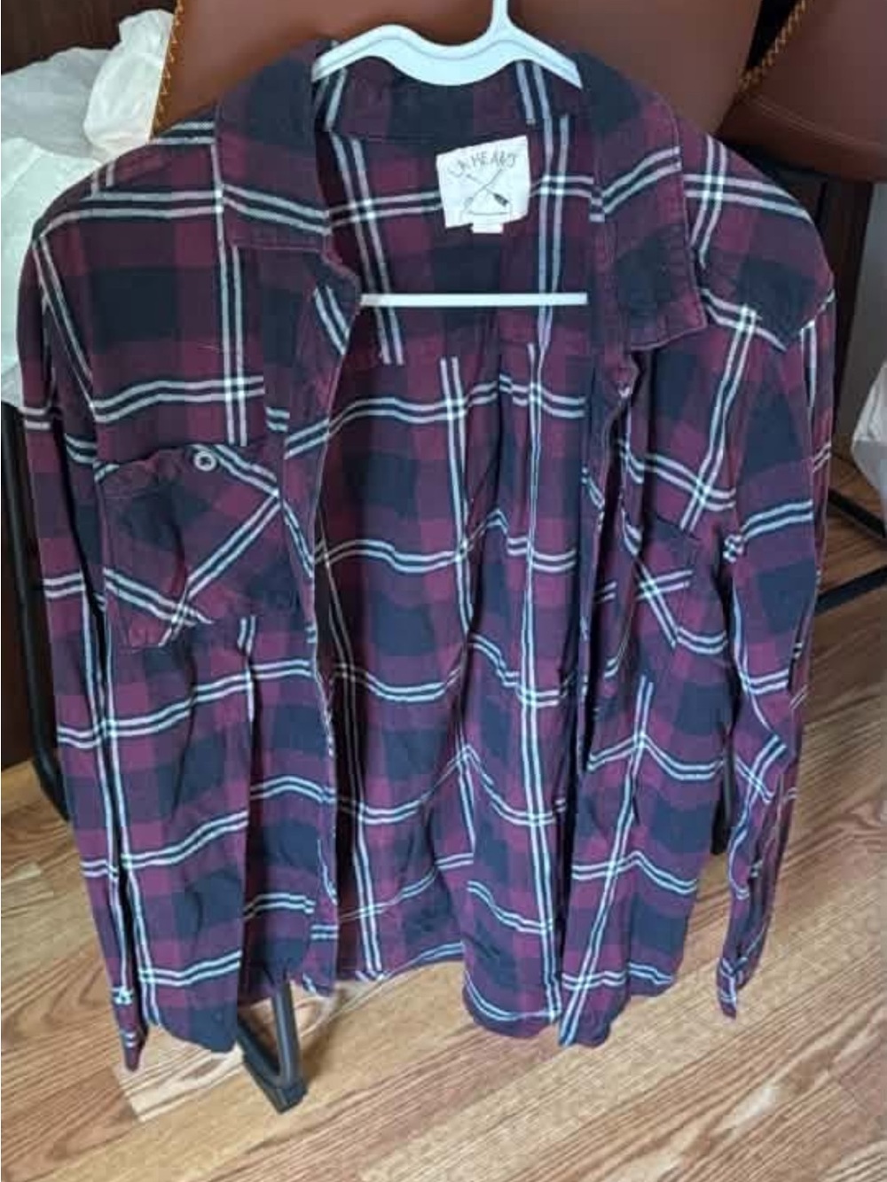 La Hearts Women's Burgundy and Black Plaid Button-Up Flannel